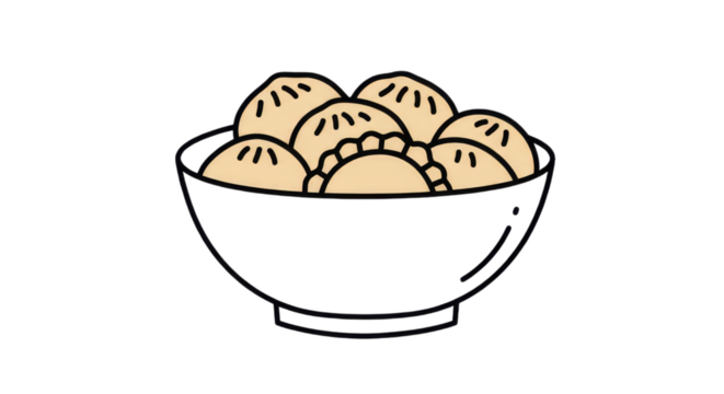 A simple illustration of a black bowl filled with light yellow dumplings on a black background scene