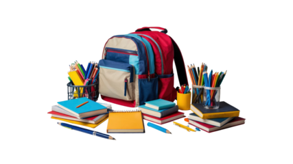 Back to School Colorful Backpack, Books, and Stationery Supplies