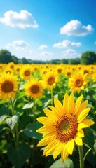 A vibrant field of sunflowers in full bloom, stretching to the horizon under a bright summer sky Golden petals and tall green stalks create a stunning natural landscape , countryside, bright