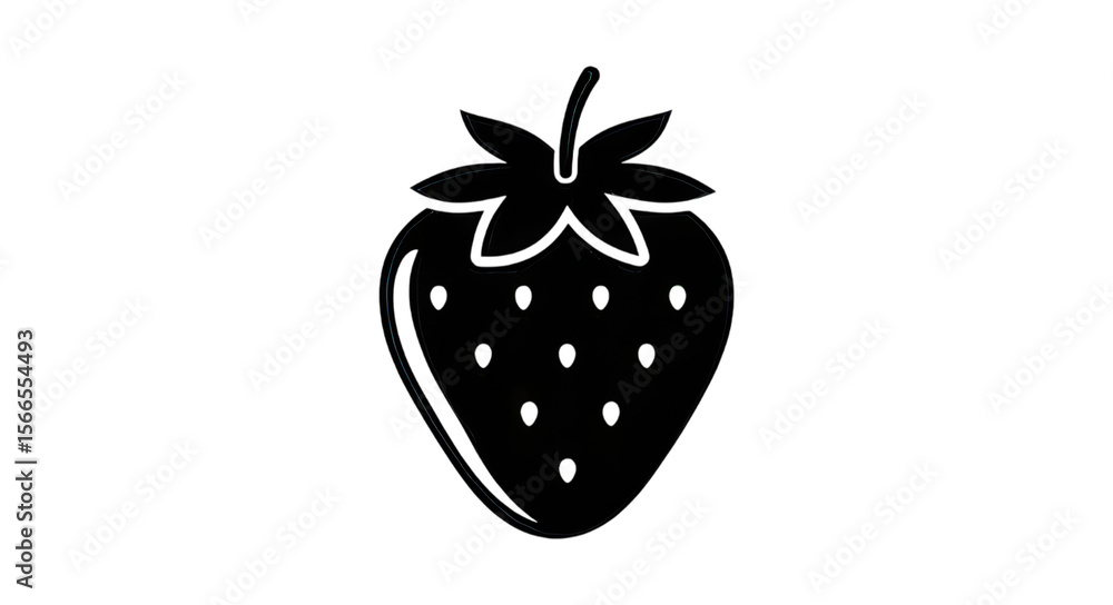Poster outline of a strawberry with seeds and leaves on a black background in a minimalist style