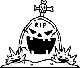 Hand drawn halloween groovy ghost grave outline doodle illustration