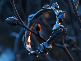 Dark grey leaf design ring on branch