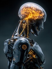 Sleek Advanced Humanoid Robot With Illuminated Brain And Mechanical Features In A Dark Setting