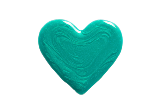 A glossy turquoise heart shape with swirling patterns isolated against a black background space for text