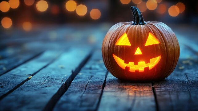 realistic jack o lantern on wood