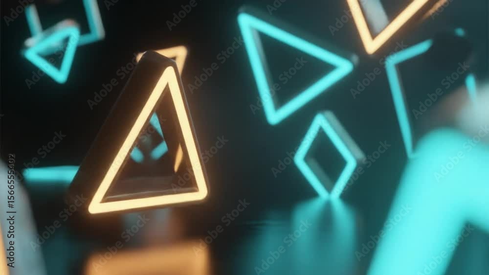 Aufkleber animated 3d neon triangles and squares rotate over black space, forming dynamic visuals suitable for