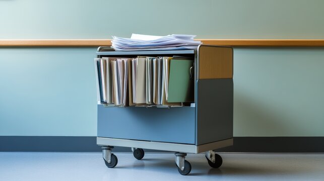 A mobile filing cart filled with organized folders and papers standing against a light blue wall on a smooth floor. - Powered by Adobe