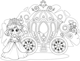 Princess and royal carriage. Coloring page for kids