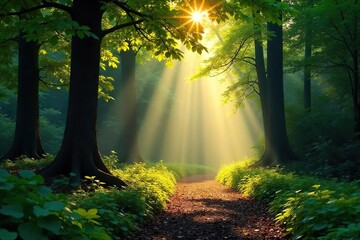 Sunbeams pierce the dense canopy of a lush forest, illuminating a path dappled with light and shadow Golden rays create a magical atmosphere amongst the trees and undergrowth , sunlight, scenic