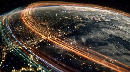Stunning 3D Visualization of a Planet with Radiant Light Trails and Vibrant Atmosphere