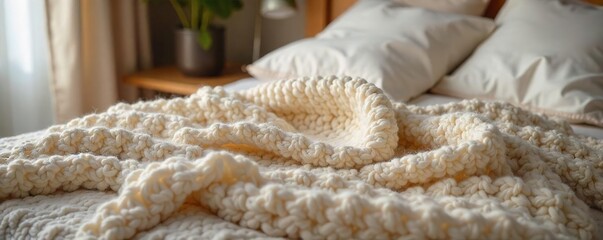 Serene Bedroom Cozy Knit Blanket Draped on Bed, Inviting Peaceful Sleep. Soft Textures, Neutral Tones Create a Relaxing Atmosphere Perfect for Rest and Tranquility.