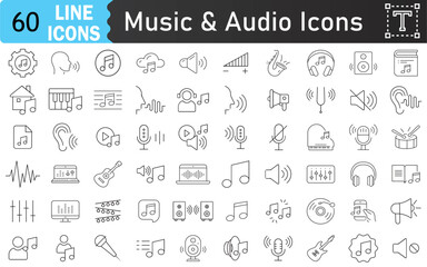 Music and Audio Line Editable Icons set. Contain icons related to Audio, sound, speaker, microphone, music, multimedia, equalizer, and more. Editable stroke. Vector illustration