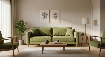 Living Room with Green Sofa and Armchairs Interior Design