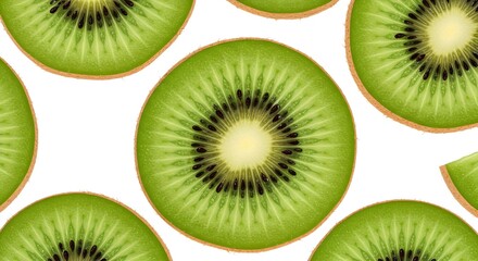 Fototapeta premium Sliced kiwi close-up, green flesh, black seeds, white background clarity.