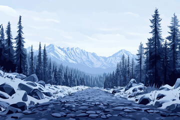 Expansive mountain landscape with dense pine forest in vivid colors