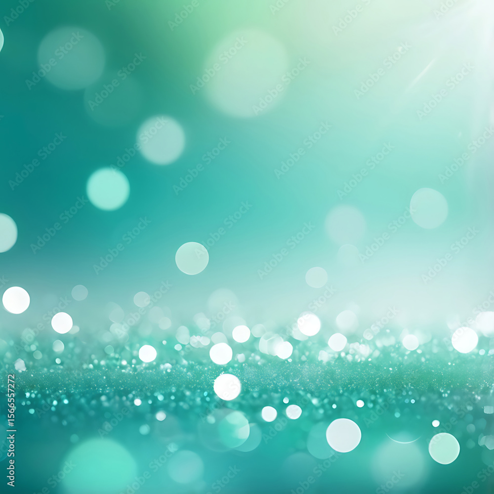 Poster teal and aqua toned abstract bokeh background with glowing light circles and smooth gradient texture