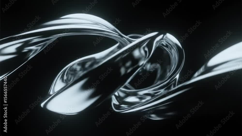 Fototapete twisting black chrome 3d ribbons flow across a dark space, reflecting light with high realism, creat