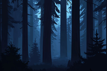 Whimsical cartoon dark forest scene with vibrant colors and natural elements