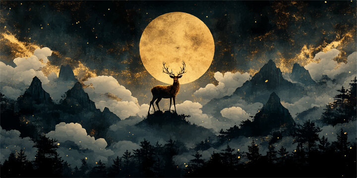 Elegant golden deer silhouette on a celestial moon abstract celestial art