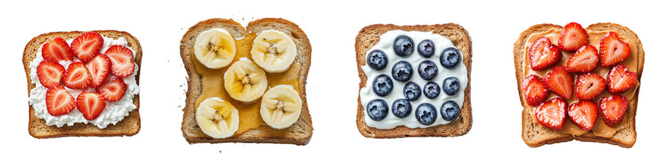 Toasts with cottage cheese banana blueberries strawberries isolated