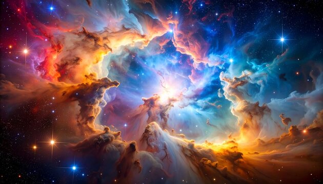 Nebulosa c&oacute;smica colorida con estrellas vibrantes y luz irradiando en el fondo del espacio profundo