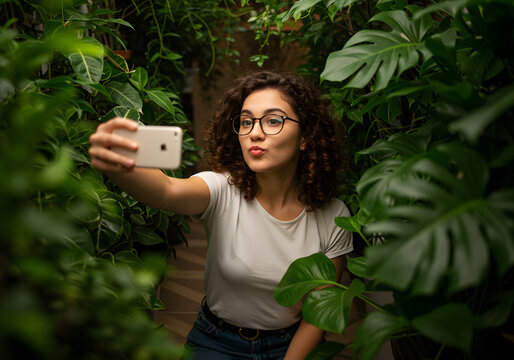 A woman with curly hair takes a selfie amidst lush tropical plants in a greenhouse setting. - Powered by Adobe