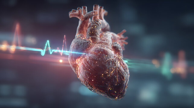 Abstract medical animation of human heart diagnostics, glowing pulse line, holographic data layers and ECG feedback, concept of AI-driven cardiology and futuristic health tech