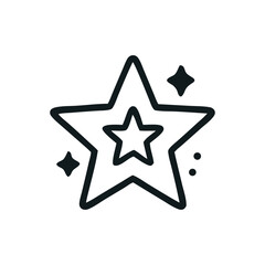Simple black and white illustration of a star with a smaller star inside, and sparkles.