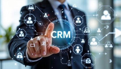 Fototapeta premium management crm concept businessman touch crm icons on virtual screen. customer data and marketing database system businessman touching customer icon client.