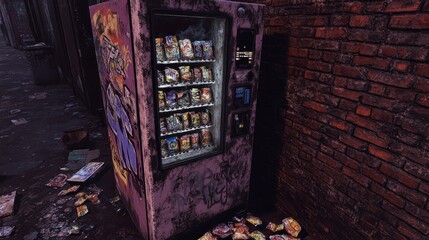 Urban vending machine in an alley with graffiti and scattered trash