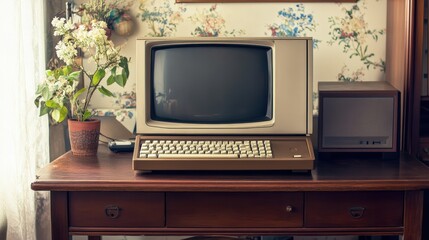 Vintage computer setup on a wooden desk with a potted plant and floral wallpaper in a cozy, retro-style room.