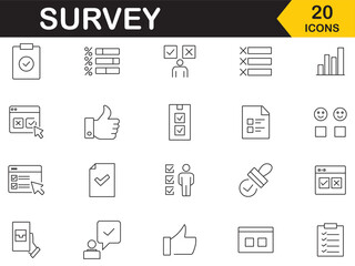 Survey icon set. Set of 20 outline icons related to survey. Collection of feedback, poll, opinion, questionnaire, research, data analysis, customer satisfaction and more. Vector illustration.
