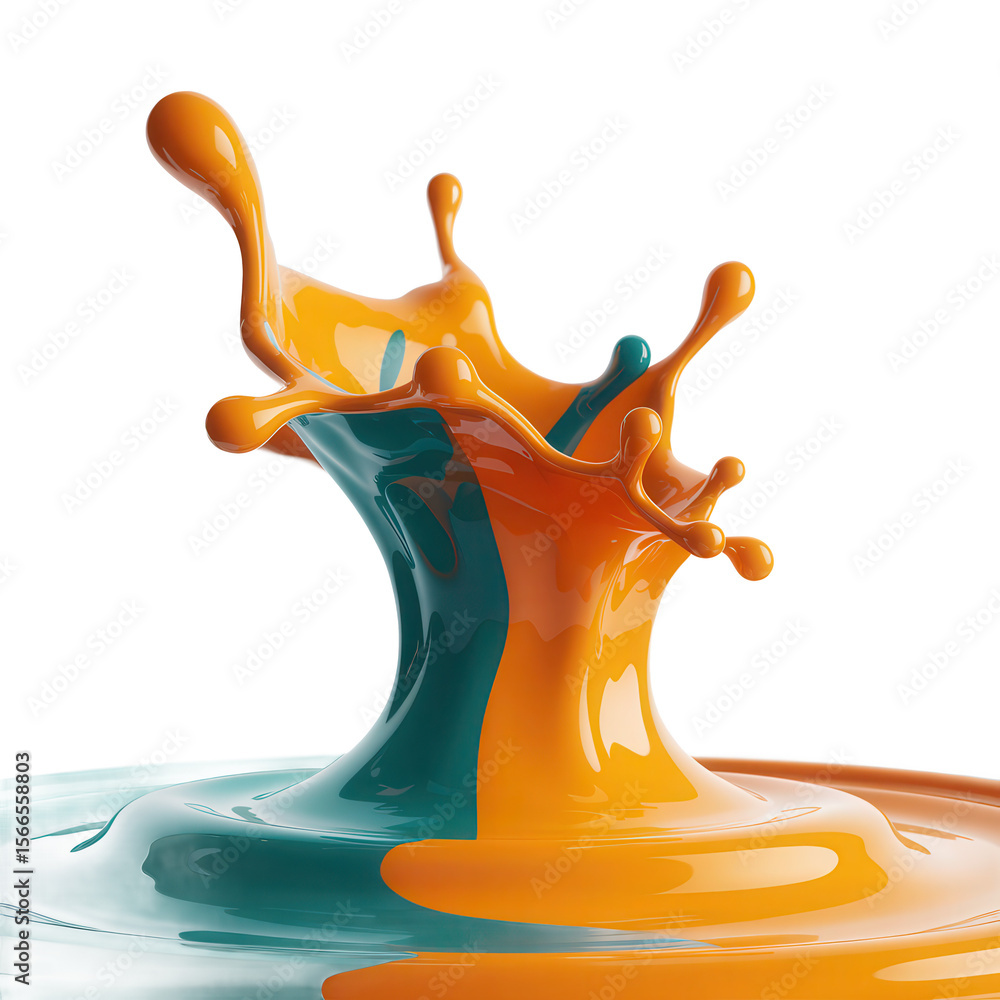 Poster dynamic orange and teal liquid splash frozen in motion creating abstract fluid art isolated on trans