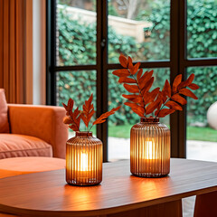 Close up of autumn decorations. Modern and minimalist living room and Earth Tone Accents