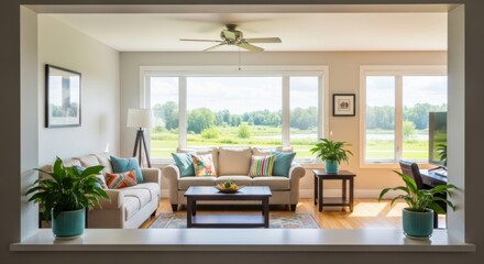 Fototapeta premium Viewing Living Room with Sofas and Nature Through Partition