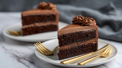 Delicious Chocolate Cake Slice with Creamy Frosting on Plate
