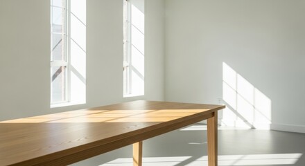 Fototapeta premium Wooden Table in Bright Room with Sunlight Streaming Through Windows