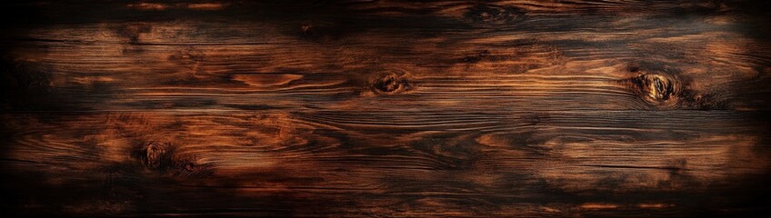 Naklejka premium Dark, textured wooden surface with rich brown tones and natural grain patterns, showcasing rustic and aged wood planks.