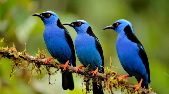 Three vibrant blue spangled cotingas with red eyes perched on a mossy branch against a soft green background, showcasing tropical bird life