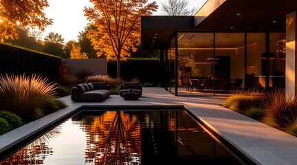 Contemporary garden in autumn, designed with neutral earthy tones, plants and a small reflecting pool