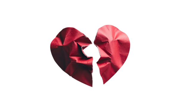 Broken Heart Crumbled Red Paper Heart Shape Representing Heartbreak, Loss, and Sadness