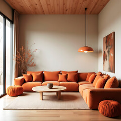 Modern Minimalist Living Room with Warm Autumn Decor and Earth Tone Accents