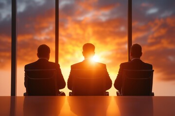 Business Meeting Silhouette at Sunset, Three Professionals in Suits Watching Beautiful Orange and Purple Sky, Leadership and Strategy Concept