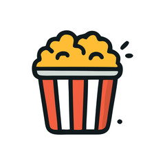 An illustration of a container filled with popcorn, featuring red and white stripes.