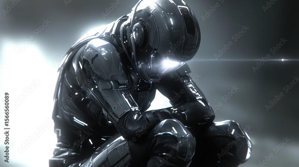 Poster futuristic robot in contemplation in a high-tech environment