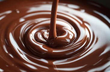 Smooth, rich chocolate is being poured, creating swirling ripples in a glossy, molten pool.