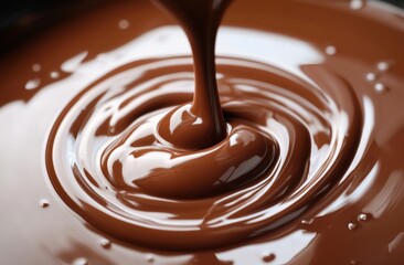 Smooth, rich chocolate being poured, creating glossy swirls and a silky texture in close-up detail.