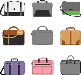 Set of 9 minimalist messenger and satchel bag illustrations – modern men’s bag vector icons for branding and digital design