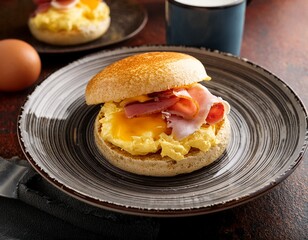 morning english muffin topped with egg cheese and ham
