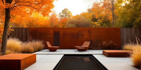 Outdoor lounge space with minimalist architecture, showcasing a cozy garden terrace in autumn colors